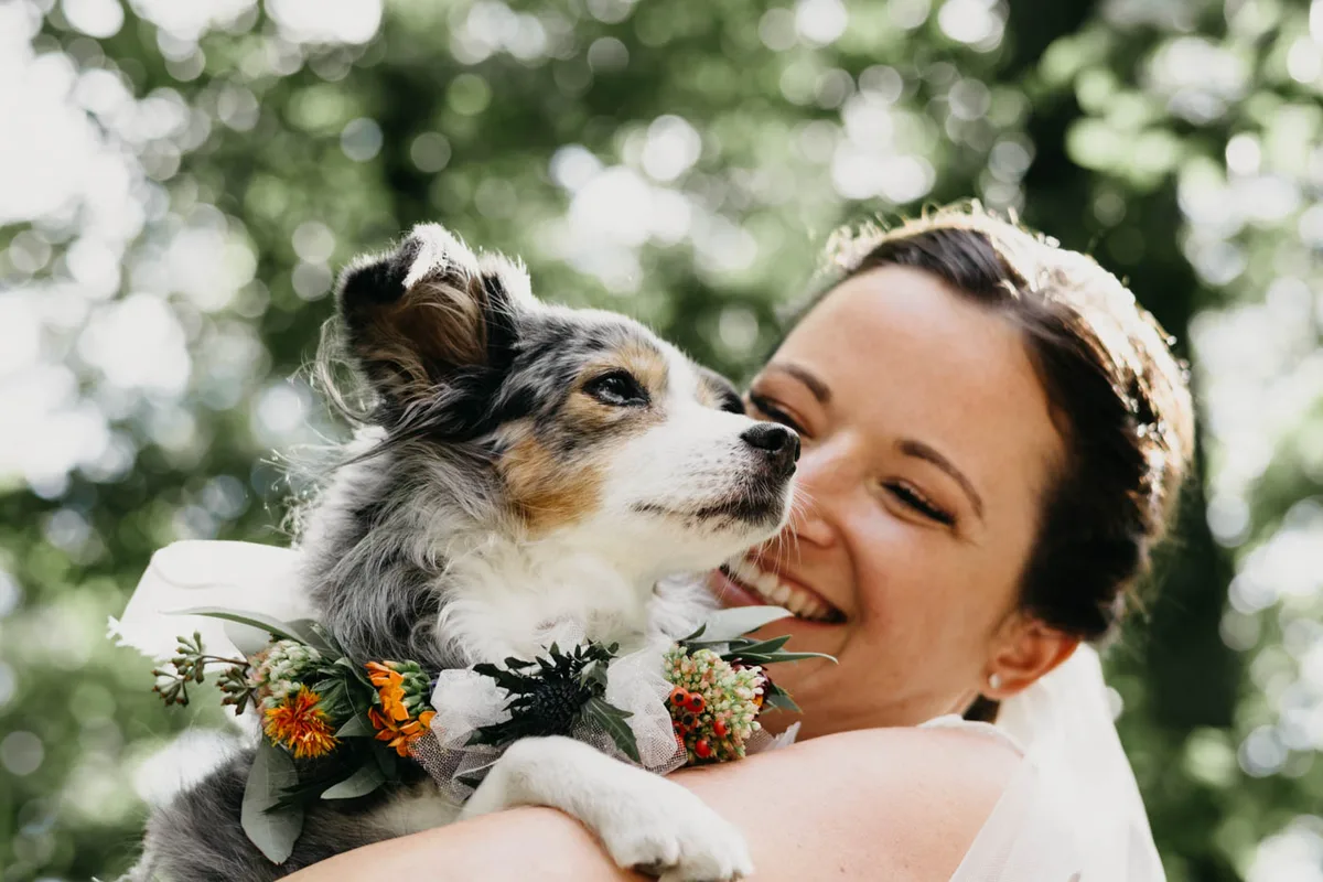 Braut mit Hund beim Fotoshooting